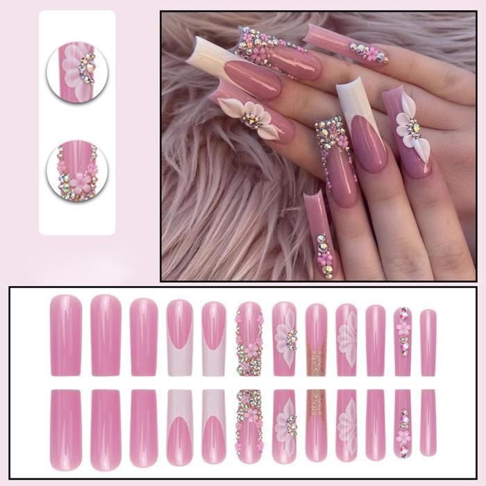 Set manucure-pedicure INN Faux Ongles 24pcs French Rose Brillant Press on Nails à Coller Portant des Bijoux d'ongles et de Diamants