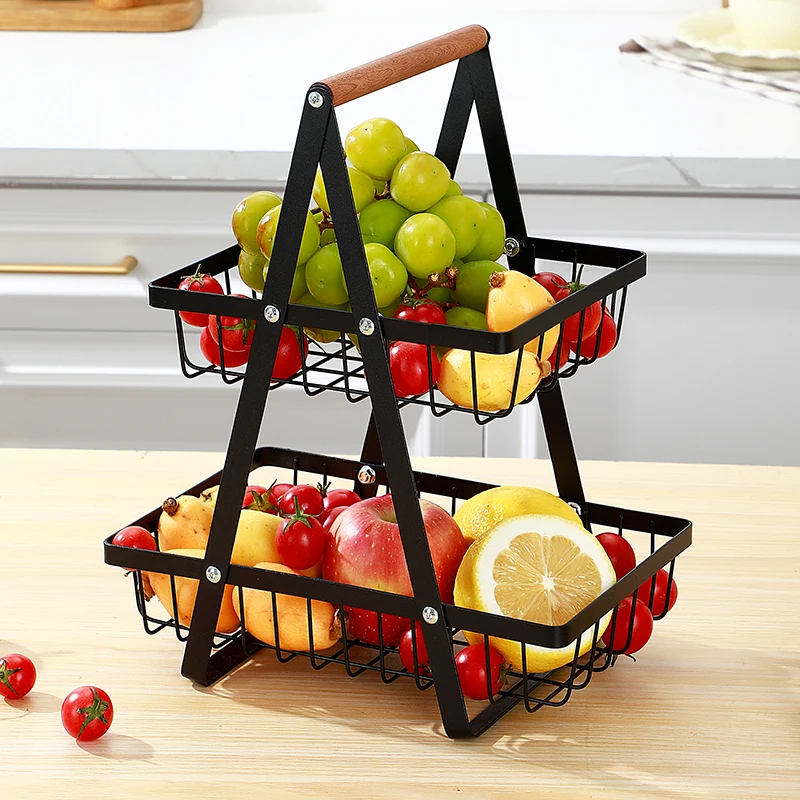 Panier de rangement multifonctionnel à double niveau, étagère de bureau, table de rangement pour fruits et en-cas, comprend 2 niveaux de rangement sur le dessus.