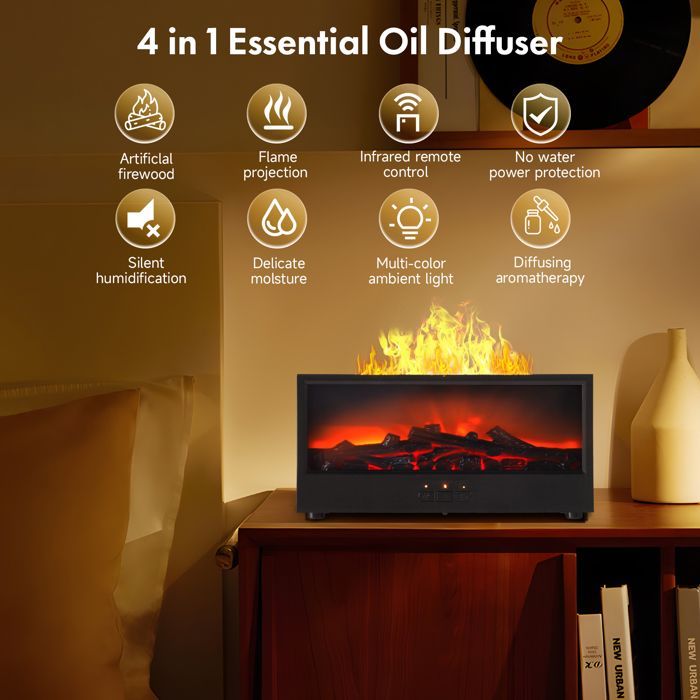 Umidificatore d'aria da 150 ml per camera da letto con camino a LED, 7 colori di fiamma, diffusore di oli essenziali per la casa