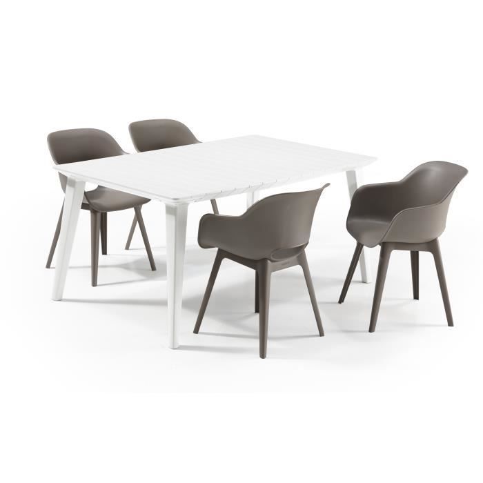 Mesa ALLIBERT GARDEN LIMA 160x100cm - Blanca + 2 juegos de 2 sillones AKOLA Cappuccino - Resina