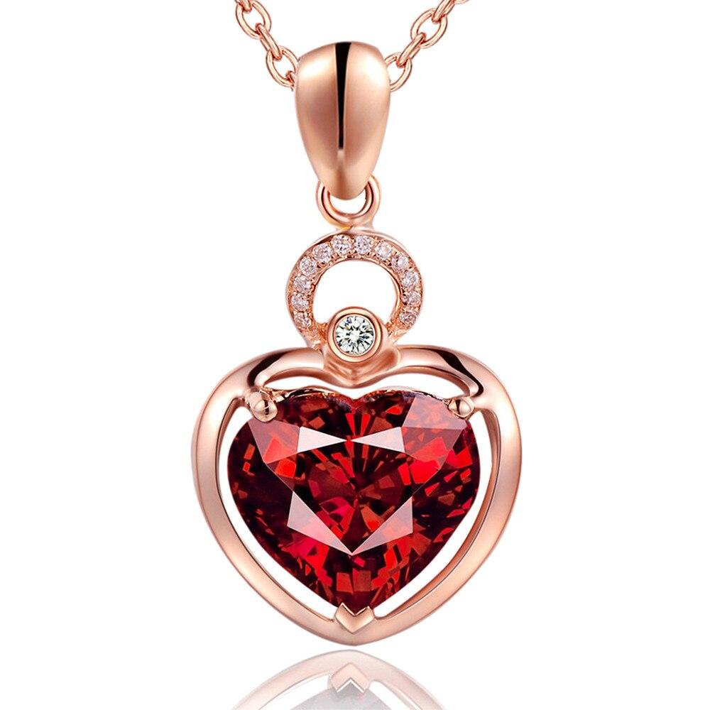 Colliers pendentifs en forme de cœur avec rubis et cristal rouge, sertis de diamants, pour femmes, ras-de-cou en or rose, bijoux romantiques, cadeaux.