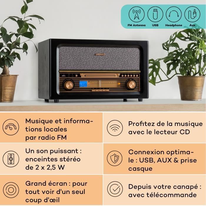 Sistema Hi-Fi - Auna Belle Epoque 1906 - CD-FM-USB-MP3-REC-AUX - Schermo LCD - 2 x 2,5 watt RMS - Stereo - Design retrò nero