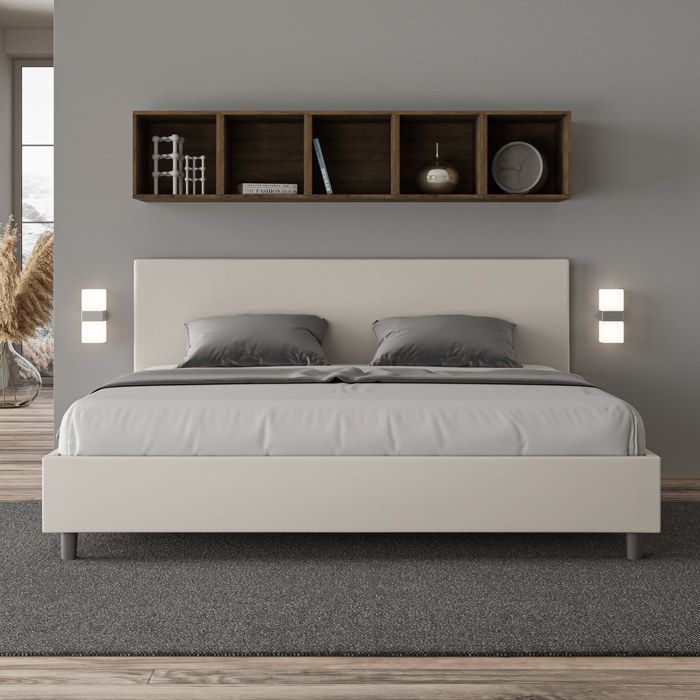 Lit king size - Ityhome - Adele - 200x210 cm - Similicuir blanc - Sommier inclus