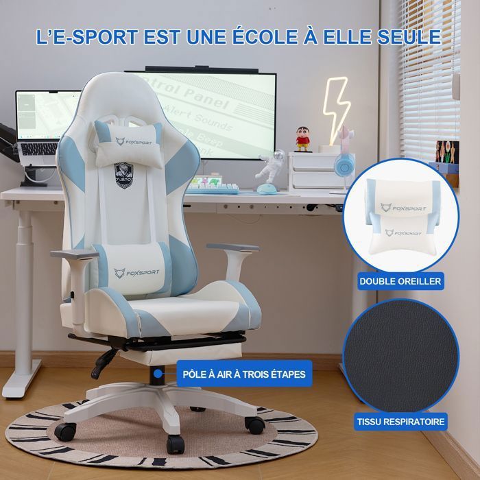Cadeira Gamer FOXSPORT - Cadeira Gamer Ergonômica - Com Apoio para os Pés - Altura Ajustável - Moon Knight - Capacidade de Carga de 200 kg - Azul