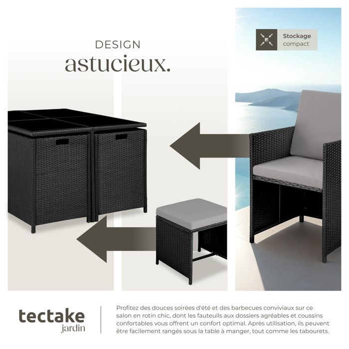 Mobili da giardino - TECTAKE - Set da pranzo per esterni BILABO per 8 persone, resistente e pieghevole, realizzato in resina intrecciata - Nero/Grigio