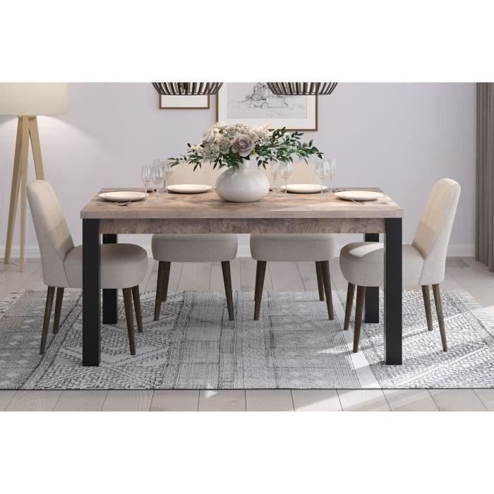 Table à manger fixe EMILE 6 personnes - Mélamine chêne brun tabac et noir mat - L160 x P90 x H77 cm - TRENDTEAM