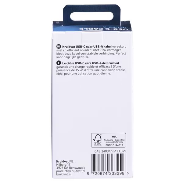 Nabíjací kábel Kruidvat USB-A na USB-C<br>biely, 3 m