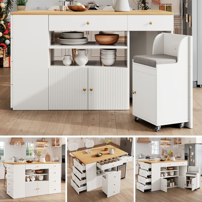 Kücheninsel mit 6 Schubladen und Barhockern, Buffet mit Barhockern, ausziehbarer Esstisch 140x40-70x89cm, Weiß