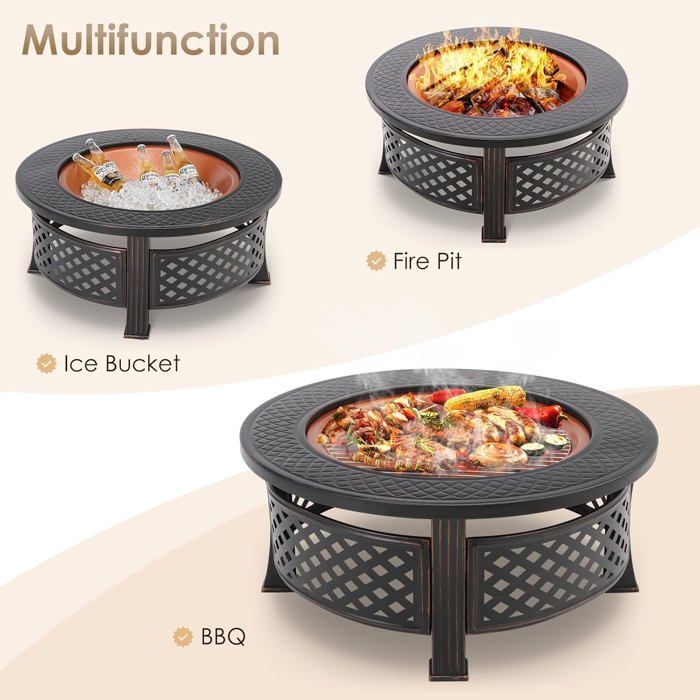 Braséro Barbecue Exterieur avec Housse de Protection, 3 en 1 Cheminée de Jardin, 80x80x54cm, Chauffage en Hiver