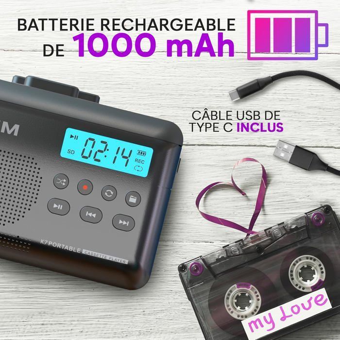 Cassette Player K7 - Lecteur Cassette Audio - Convertisseur Audio en MP3 - Microphone et Haut-Parleur intégrés - Carte SD 16GB