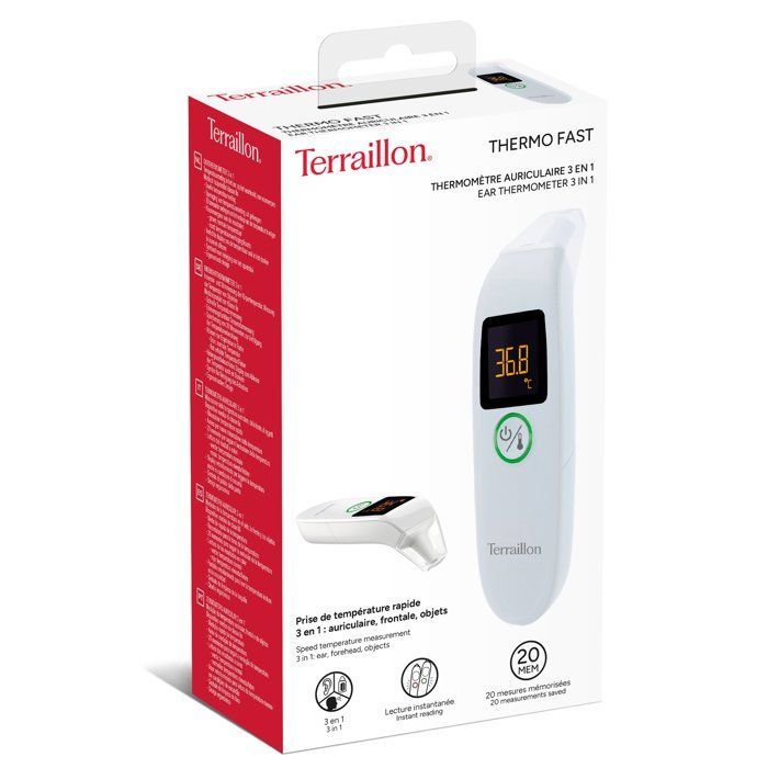 Thermomètre frontal et auriculaire - Terraillon - THERMO FAST - Infrarouge - 20 mémoires - Alerte sonore et lumineuse -