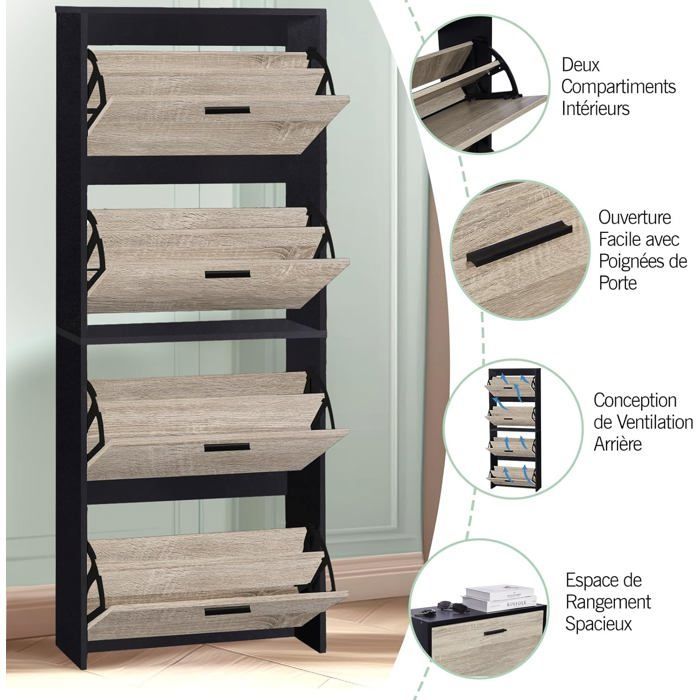 Zapatero CASABEL para 24 pares - Armario para recibidor/entrada - Negro y madera clara - 60x24x150 cm