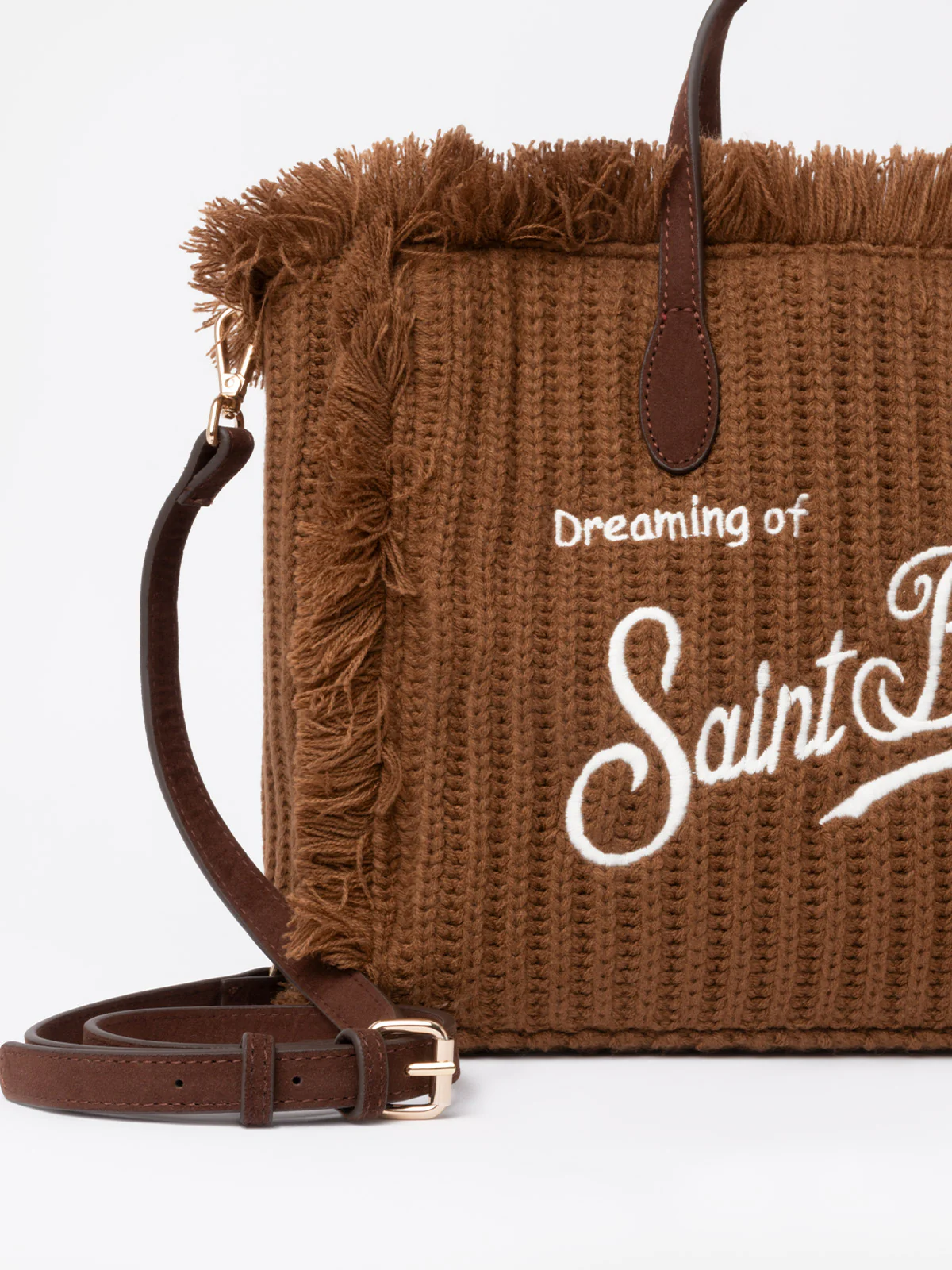 Colette Winterhandtas | Fluweel met franjes, bruin ribgebreid, Saint Barth-logo, afneembare schouderband | MC2 Saint Barth
