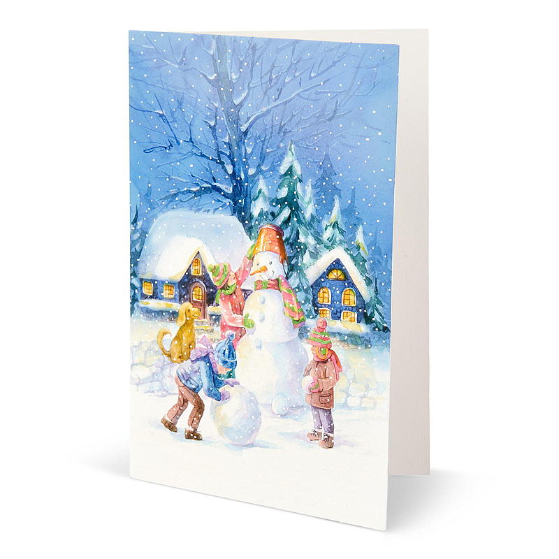 Double carte de Noël avec un enfant et un bonhomme de neige