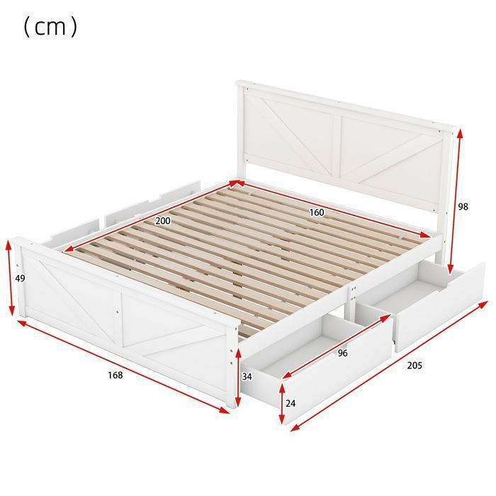 Cama de madera para adultos, cama con espacio de almacenamiento, cama doble de 160 x 200 cm con 4 cajones, cabecero y somier de láminas - blanca