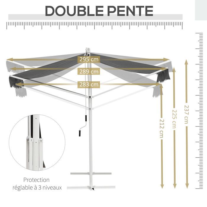 Toldo doble inclinado de 3 x 3 m, retráctil manual, con inclinación ajustable, color blanco, acero, poliéster impermeable y resistente a los rayos UV.