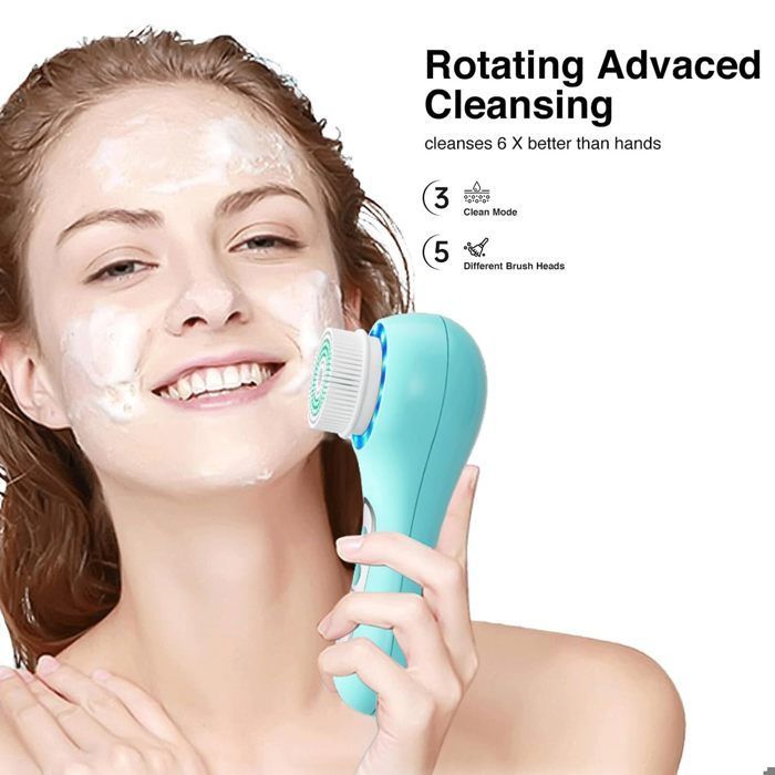 Cepillo facial exfoliante recargable e impermeable, con 5 cabezales para una exfoliación y limpieza profunda - Azul