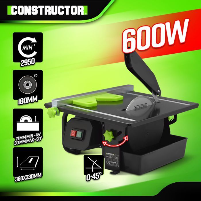 Mesa de corte para azulejos - CONSTRUCTOR - 600W - Lâmina de 180mm - Profundidade de corte de 30mm - Inclinação de 45°