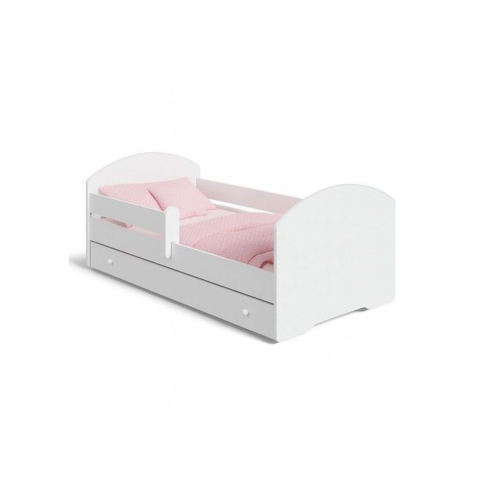 Cama infantil LUK blanca de 70x140 cm con barandilla, somier de láminas y cajón – cama para niñas y niños.