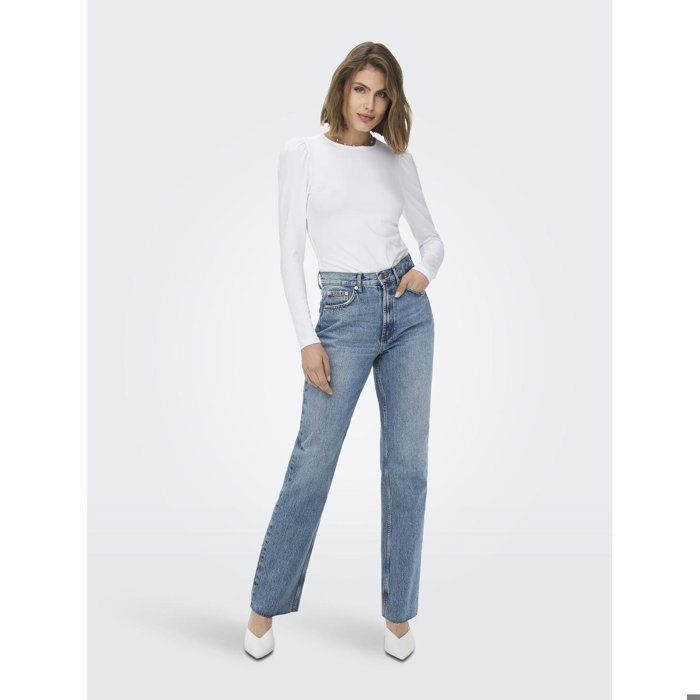Jean femme ONLY Riley Life taille haute coupe droite denim coton bleu