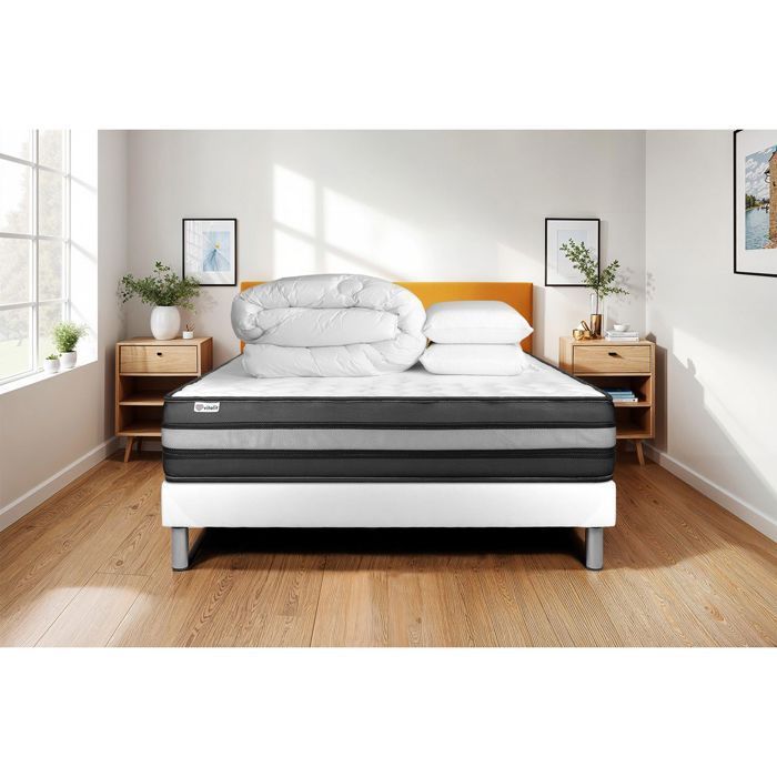 Juego de cama completo de 180x200 cm: colchón + base blanca (requiere montaje) + 2 almohadas + edredón - Vital Power Zen White
