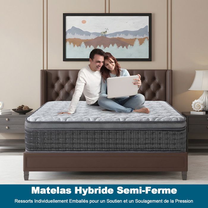 Colchón híbrido extragrueso de 26 cm (160 x 200 cm), muelles ensacados + espuma multicapa, duradero, transpirable, soporte de alta resiliencia.