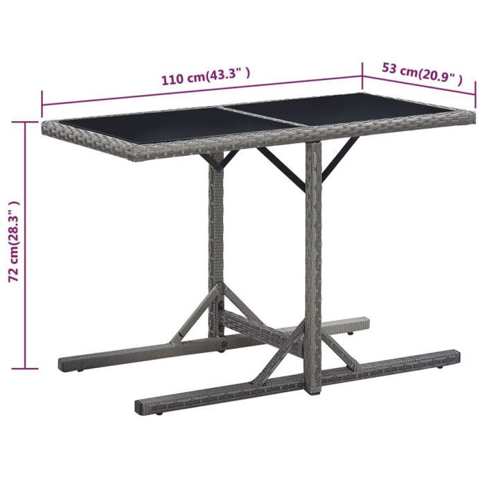 Mesa de jardín vidaXL color antracita, 110x53x72 cm, cristal y resina tejida.
