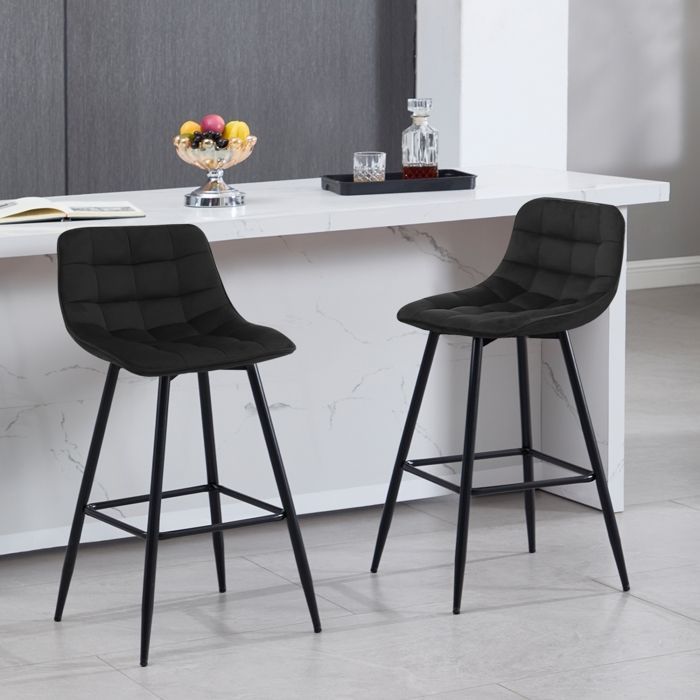 WOLTU Juego de 2 taburetes de bar con reposapiés, taburetes de bar/bistro, asiento de terciopelo, patas de metal, negro.