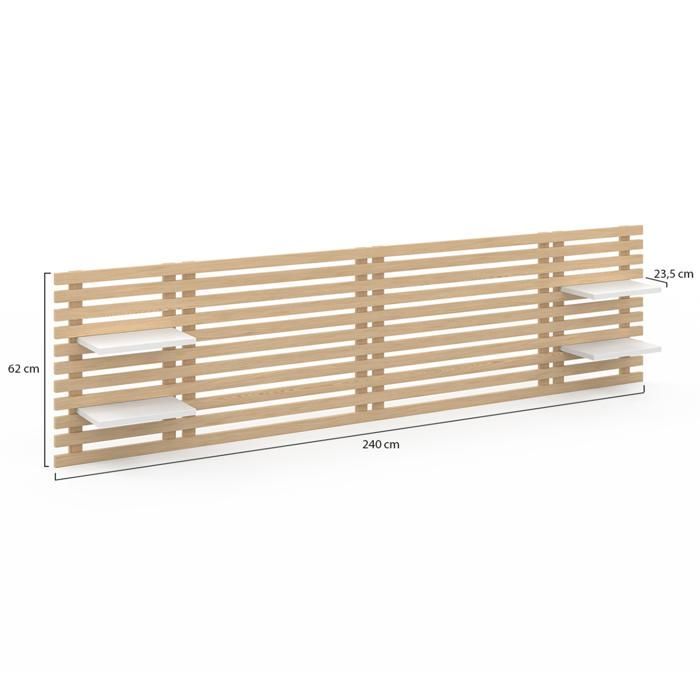 IDMARKET Tête de lit suspendue en lattes AVA 240 cm bois clair et étagères blanches