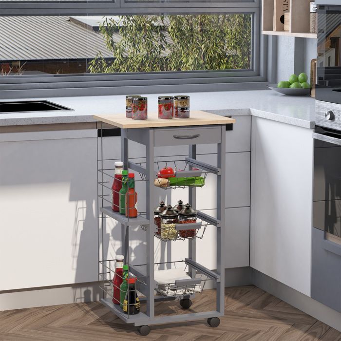 Carrito de servicio - HOMCOM - carrito de cocina con ruedas, 3 cestas metálicas, cajón y 2 botelleros - madera de pino - gris