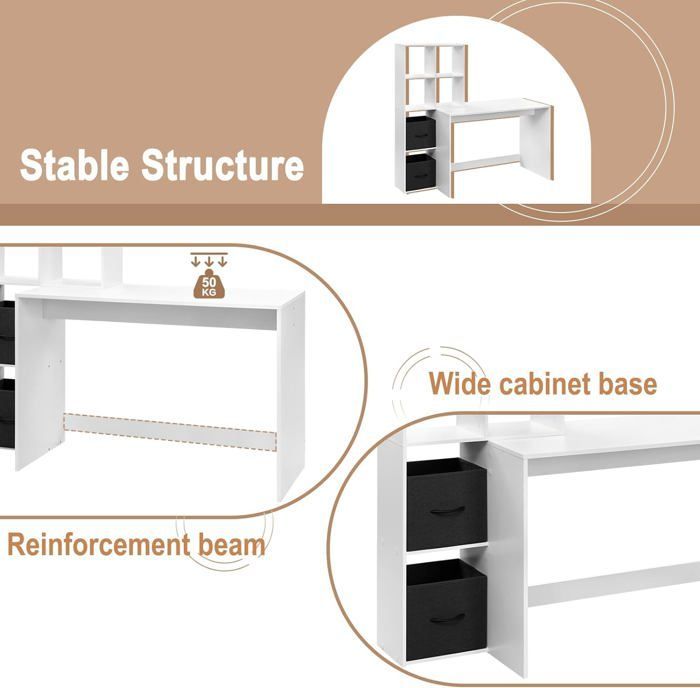 WOLTU Desk with Cube Shelves and Fabric Drawers, Table with Storage, 140.5x50x134 cm, White W0ETT0180