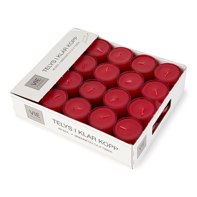 Bougies chauffe-plat Vie Selected, paquet de 40, 7 heures, coupelle transparente rouge