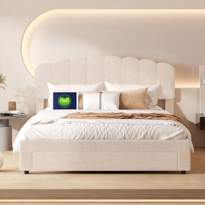 Letto matrimoniale 160 x 200 cm con testiera e rete a doghe, con cassetti e porte USB, struttura letto 160x200, velluto effetto orsacchiotto, beige