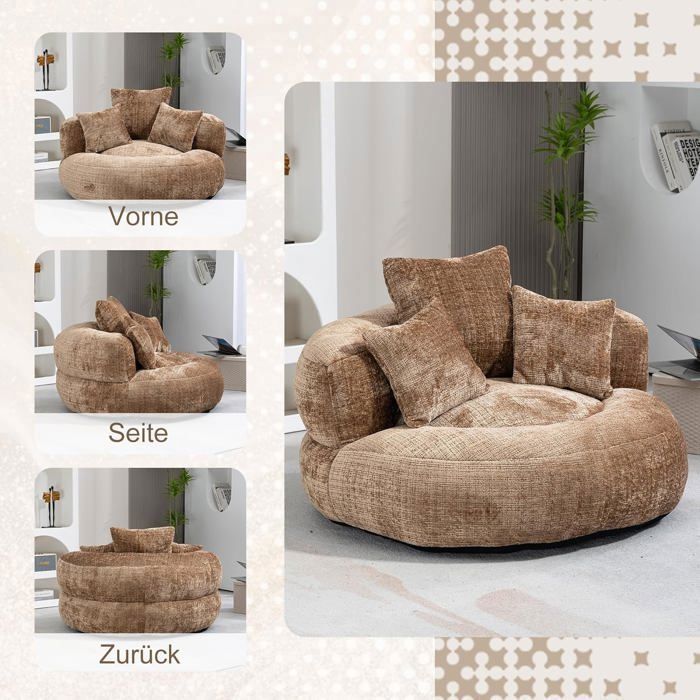 Puf Lemonbest con tres cojines, ideal para dormitorio y salón, sofá reclinable, 108 × 108 × 52 cm - Chenilla marrón