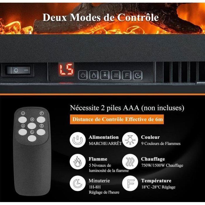 Cheminée Électrique - RELAX4LIFE - 750W/1500W - pour 42 m2 - Effet Flamme 9 Couleurs - 5 Luminosités Réglables - Température 18-28℃
