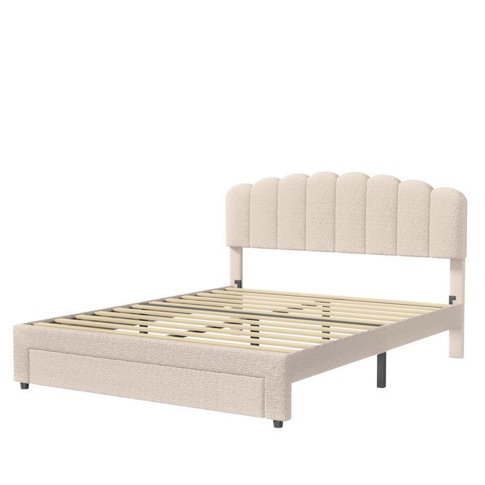 Lit 160 x 200 cm avec tête de lit et sommier, lit 2 Personnes avec tiroirs et ports USB, cadre de lit 160x200, velours teddy, beige