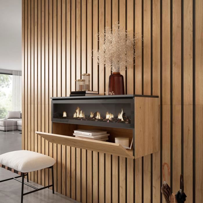 Chimenea eléctrica LED, 102x45x35cm, 1 abertura, 1 puerta, suspendida, de pared, roble y negro, RF2320