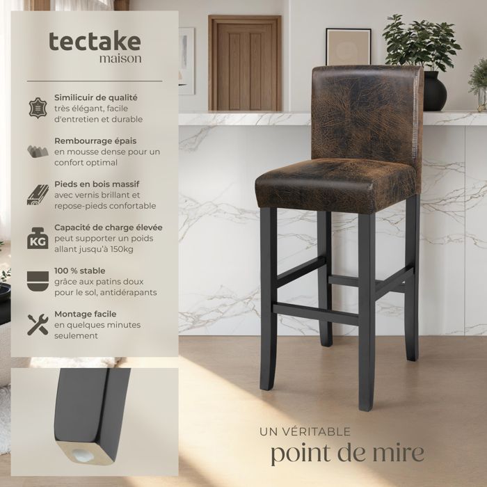 Bar stool - TECTAKE - Set of 2 stools with padded backrest and solid wood legs - Dark brown