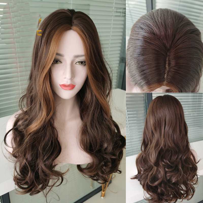 Parrucca interamente realizzata a macchina, parrucca in capelli sintetici, capelli lunghi ondulati con effetto ombré marrone, parrucca in fibra resistente al calore