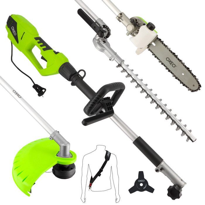 Multiherramienta eléctrica de 900 W: cortasetos, podadora, desbrozadora, perfiladora de bordes, extensión de 50 cm y 2 cabezales de corte.
