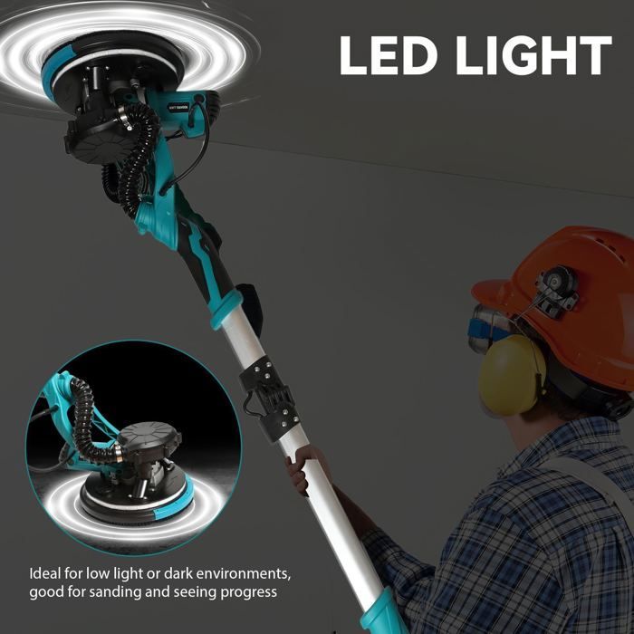 Ponceuse Girafe 1250W,  avec Aspirateur Intégré, 5 Vitesses (800-1800 RPM), Lumière LED, Manche Téléscopique, 4m Cable, polissage
