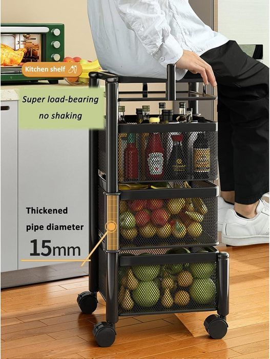 Carrito de cocina rodante de 3 niveles, carrito de metal con cesta giratoria, color negro, 28x28x54cm