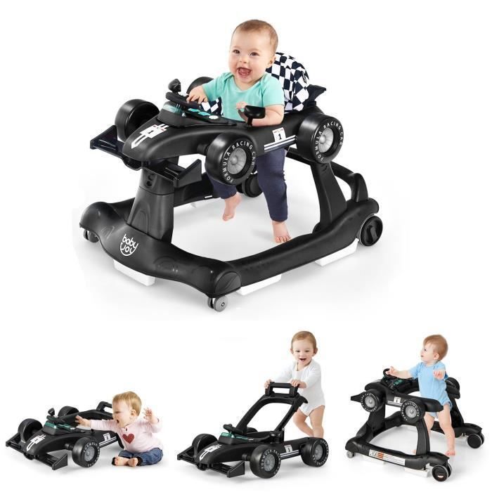 Girello convertibile 3 in 1 DREAMADE, pieghevole con altezza regolabile, musica e luci, a forma di auto, per bambini dai 6 ai 18 mesi, nero.
