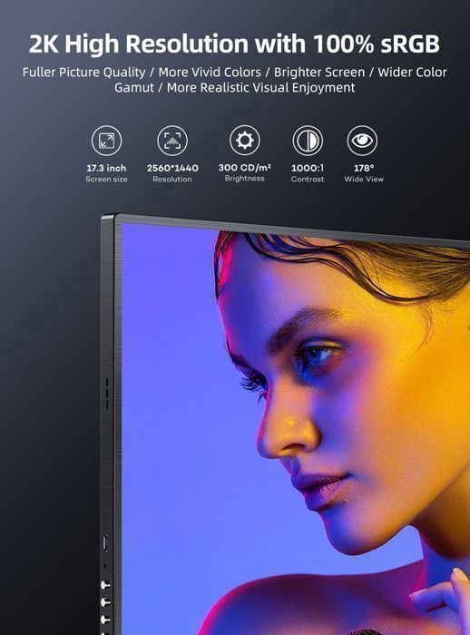 UPERFECT – 1440p/2K-Gaming-Monitor, 100 % sRGB, 17,3-Zoll-Display, tragbar, VESA-kompatibel