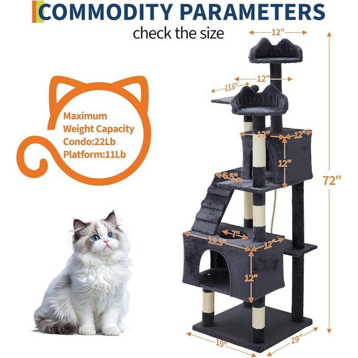 ÁRBOL PARA GATOS - JUGUETES S - 182 H - XL Torre para gatos multinivel - 2 casitas, 3 perchas, gris oscuro