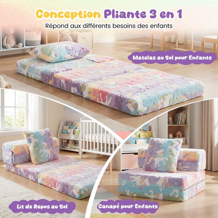 COSTWAY Canapé pour Enfants Phosphorescent 3-en-1 avec Housses Zippées Lavables et Coussin Supplémentaire, Convertible