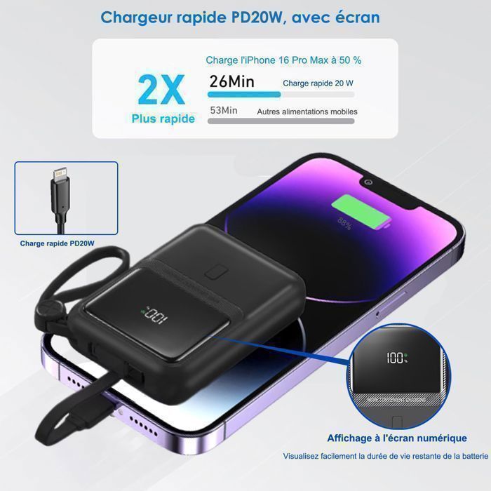 Batería externa de 10000 mAh, carga rápida BYONDSELF PD de 20 W, cables USB-C y Lightning integrados, pantalla digital.