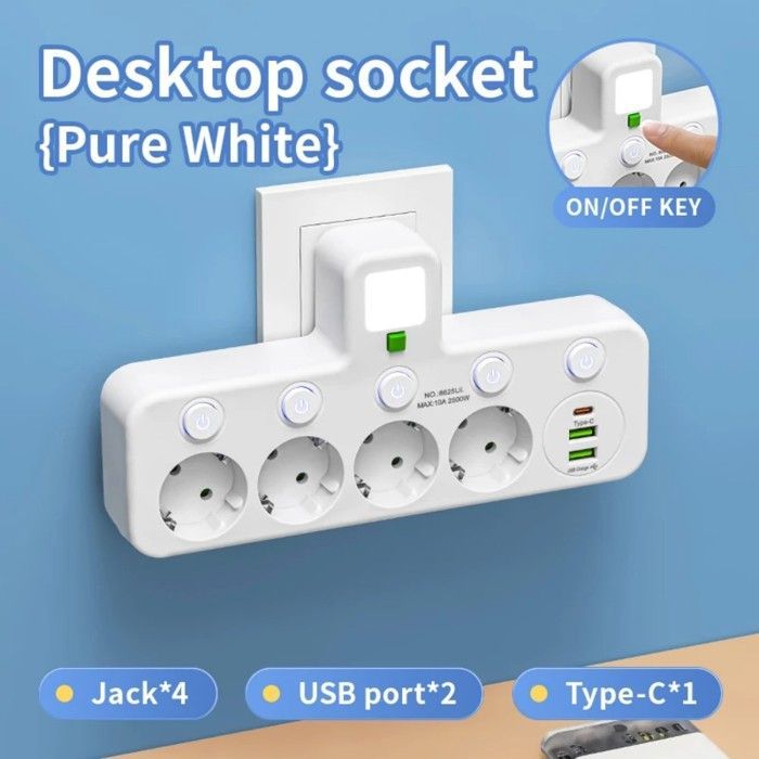 Multiprise Murale avec 4 Prises 2 USB-A 1 Type-C, Interrupteur Individuel, pour Chambre Cuisine Bureau