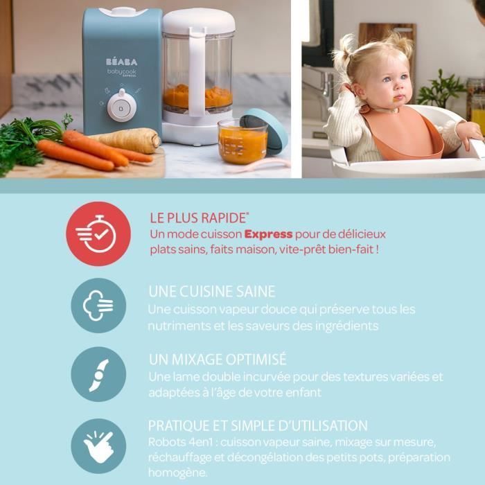 BEABA, Babycook Express, robot da cucina per neonati, frullatore-cuocitore 4 in 1, blu baltico