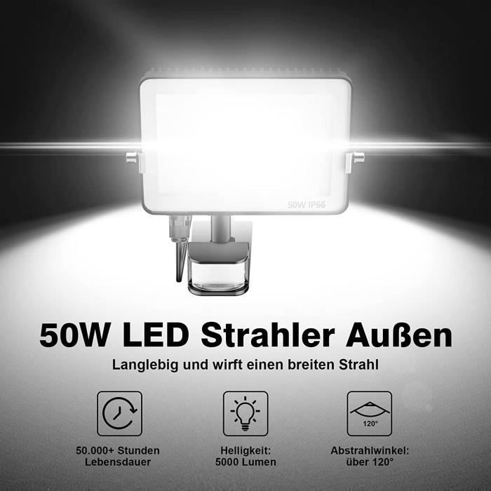 Foco LED exterior de 50 W, resistente al agua, con detector de movimiento, 5000 lúmenes, luz blanca fría.